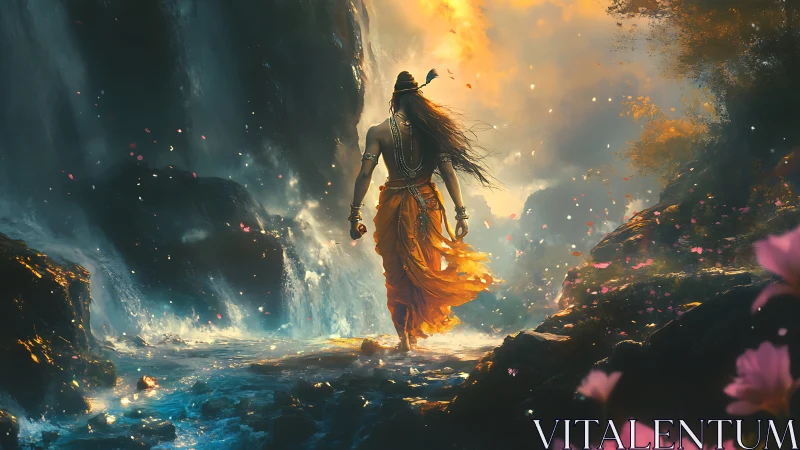 Golden-robed wanderer walks into a glowing waterfall dream