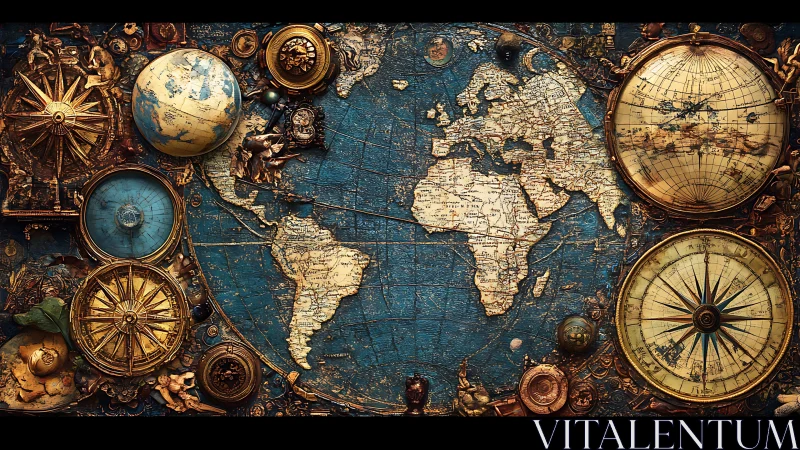 Clockwork continents drift through an antique navigator’s dream