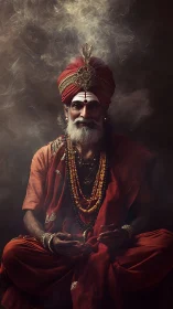 Regal Hindu sage sits in swirling incense-lit stillness.