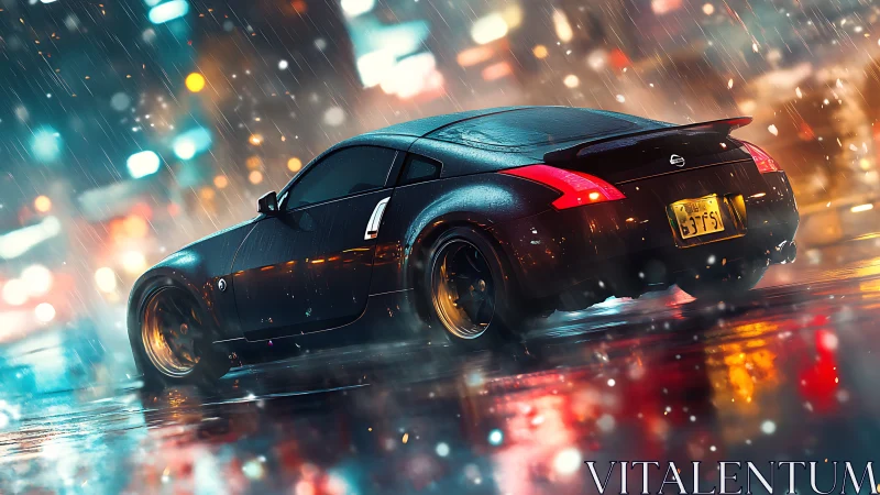 Cyberpunk coupe in neon rain with dynamic cinematic backview.