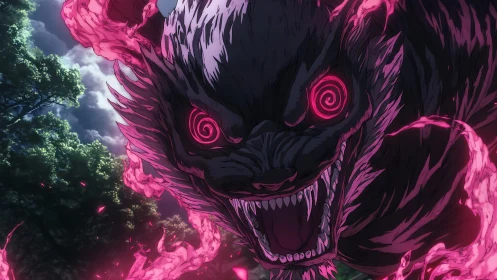 Demonic wolf head with neon magenta aura and vortex eyes lunging