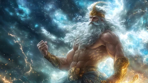 Bearded mythic warrior stands in glowing cosmic storm
