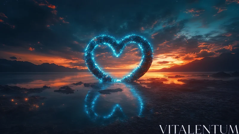 Luminescent heart form over water landscape at sunset.