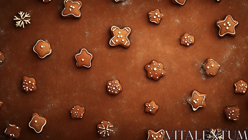 Spiced gingerbread cookies scatter over warm wooden table.