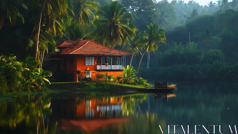 Lakeside tropical house reflects in still morning water.