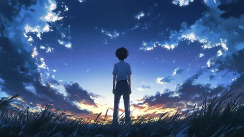 Solitary anime boy contemplates a vast twilight sky