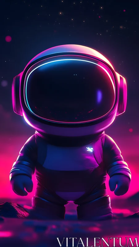 Neon-lit chibi astronaut stands alone on a dreamy alien world