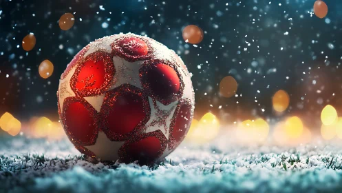 Snowy red soccer ball glows gently against soft winter lights
