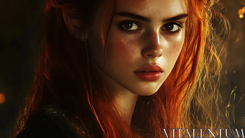 Fiery haired elf girl holds steady gaze in warm light
