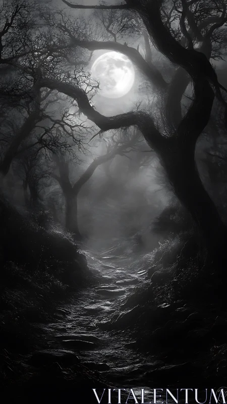 Moonlit path through twisted ghostly forest shadows.