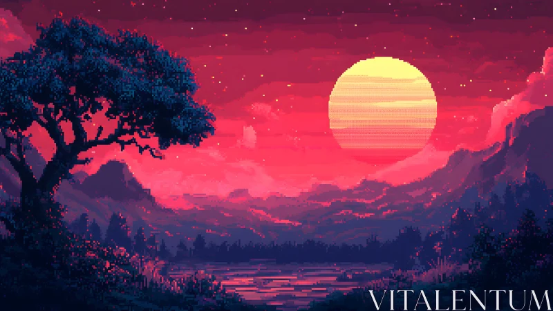Pixel sunset bathes a tranquil valley lake in neon warmth