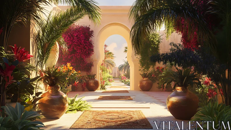 Moroccan Courtyard with Arch Portal: Volumetric Lighting and Botanical Composition