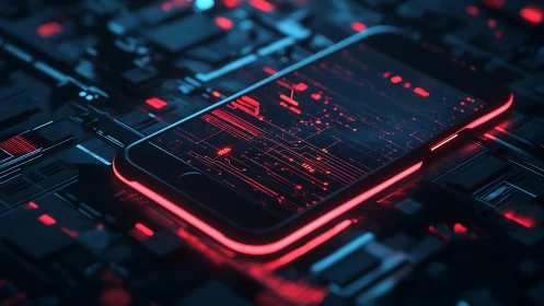 Neon-coded smartphone prowling a dark cyber circuitscape.