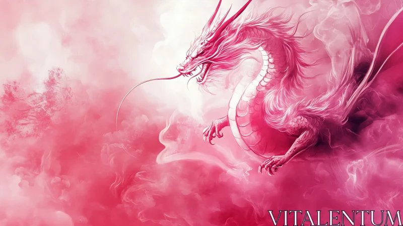 Pink oriental dragon emerging from swirling mist clouds.