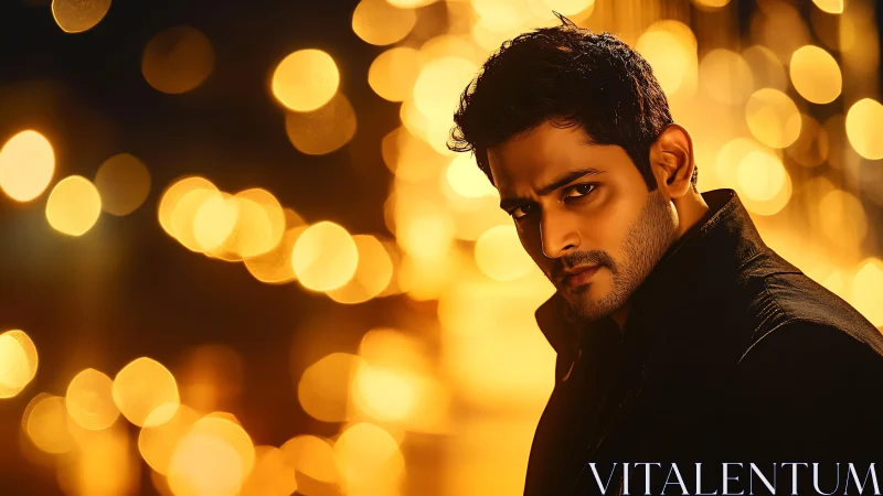 Moody portrait in golden city lights and soft bokeh glow.