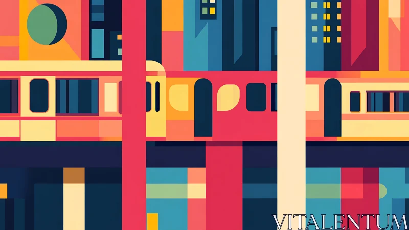Colorful city train glides through bold sunrise blocks