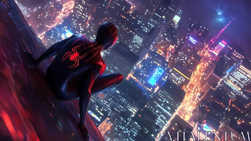 Masked rooftop vigilante over neon futuristic city at night.