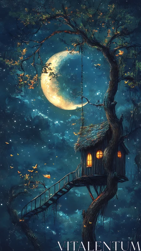 Moonlit treehouse with staircase amid dense night forest.