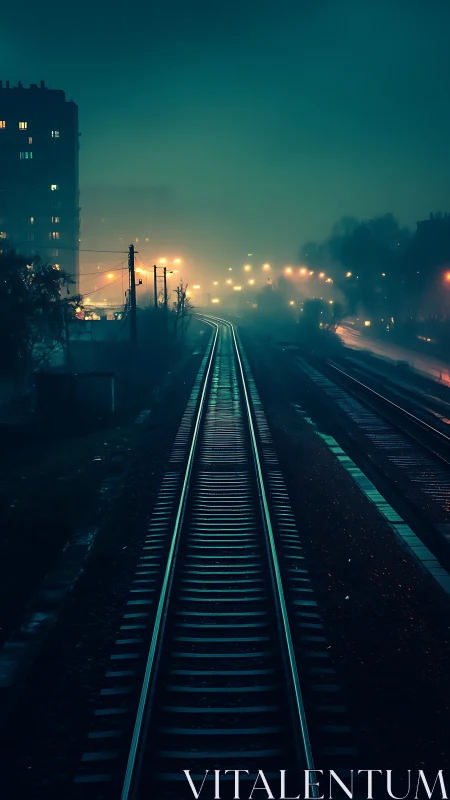 Foggy city railway at night with glowing streetlights.