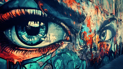 Graffiti mural shows large realistic eyes across urban wall