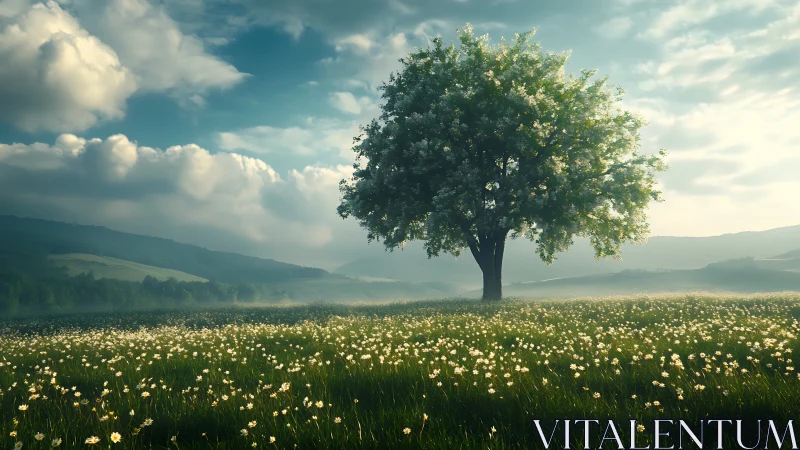 Solitary flowering tree in meadow under partly cloudy sky.