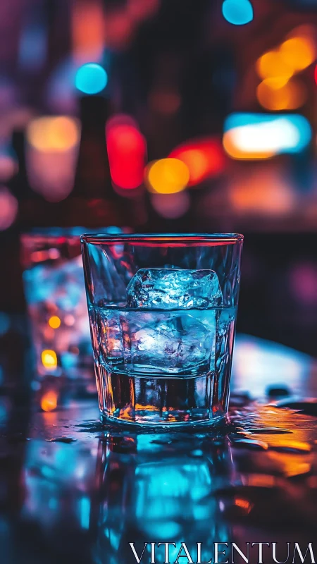 Glass containing ice with blurred bokeh light environment