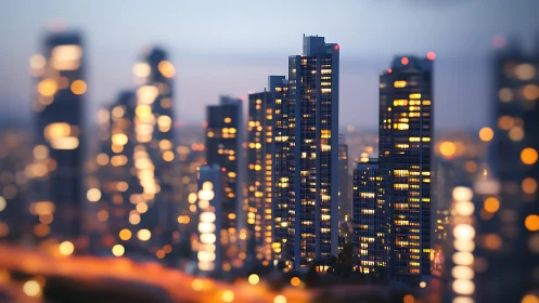 Nocturnal high-rise skyline with bokeh city illumination.