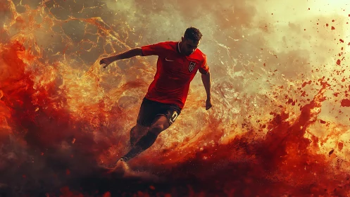 Kinetic football sprint through volumetric flame particles.