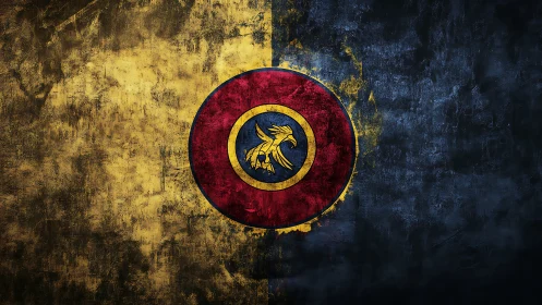 Grunge heraldic emblem on split gold and navy field.