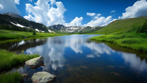 High-altitude alpine lake with snowcapped ridges and cloud reflections