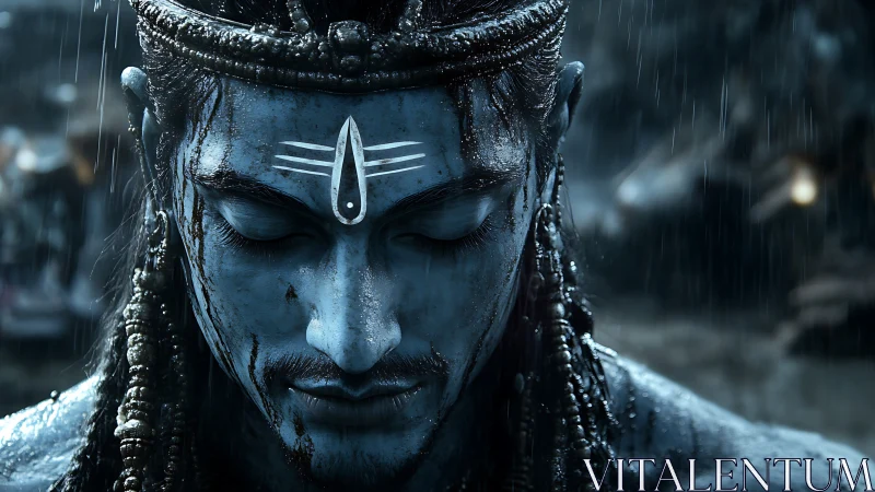 Rain-soaked blue mystic in quiet, meditative stillness.