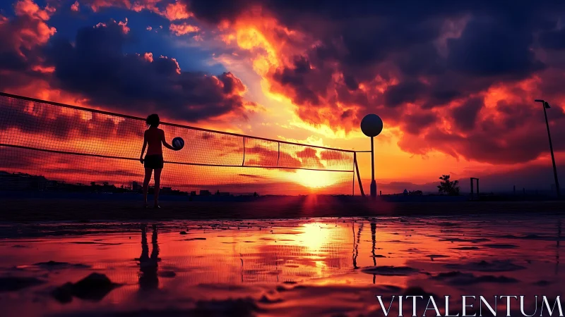 Digital painting of sunset volleyball court with reflective surface.