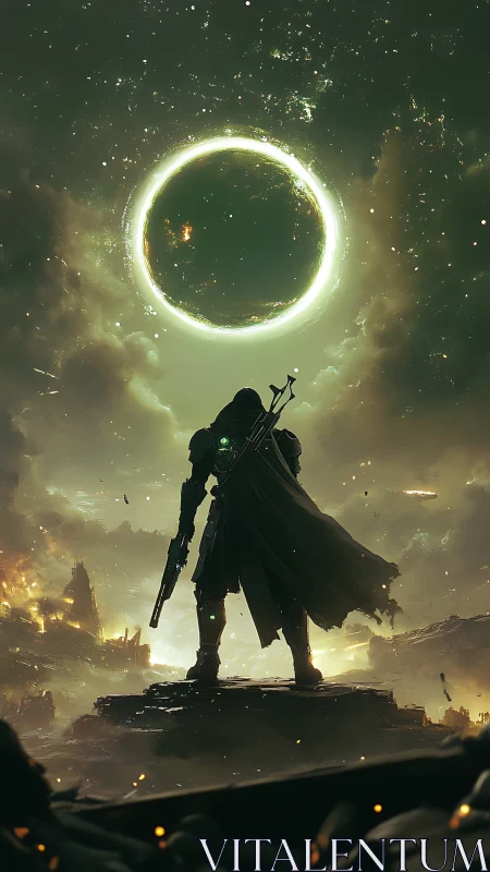 Armored figure observing luminous ring above ruined terrain.