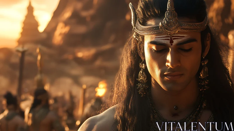 Regal warrior prince in golden hour temple battlefield setting.