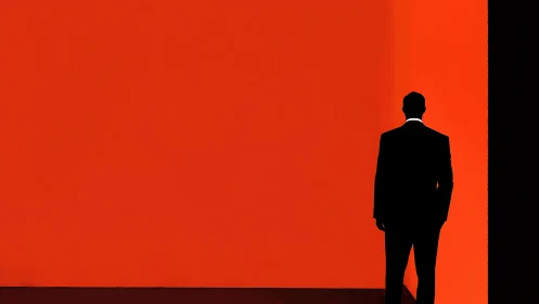 Silhouetted figure contemplating bold red horizon wall.