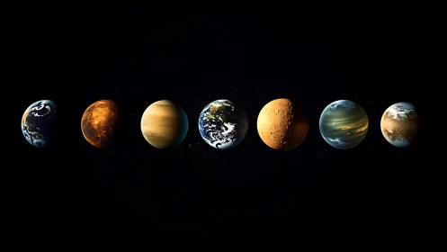 Seven glowing planets drift in quiet harmony across space
