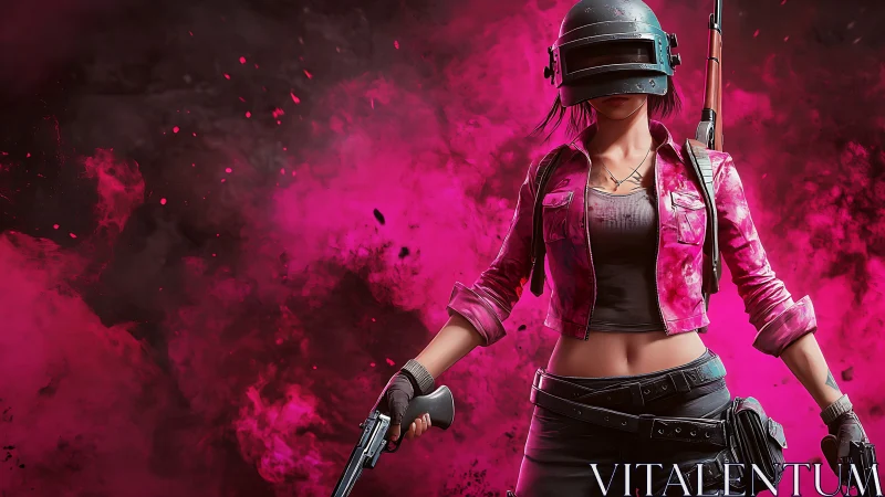 Pink combat heroine stands in neon smoke with shotgun.