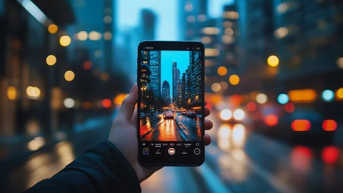 Urban smartphone capture frames neon dusk city reflections.