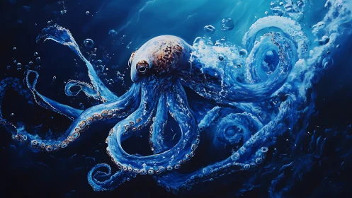 Octopus in dynamic underwater motion with dispersed bubbles.