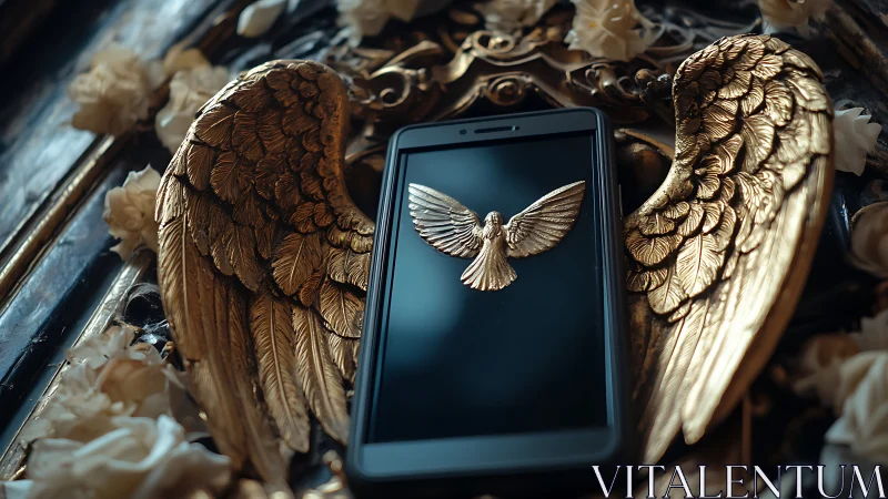 Baroque golden wings frame smartphone with sculpted dove emblem