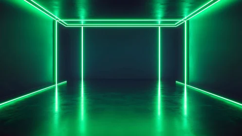 Neon green light lines define minimal futuristic hallway