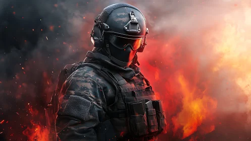 Armored fireborn soldier strides through a storm of sparks.