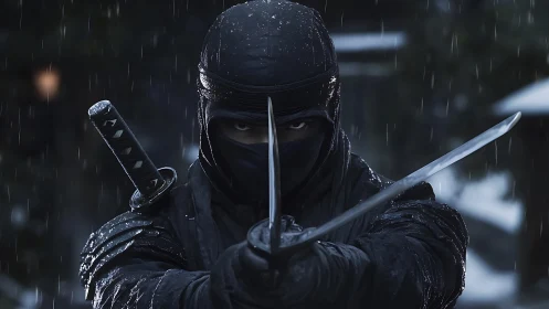Armored ninja in rain holds twin blades in frontal combat stance