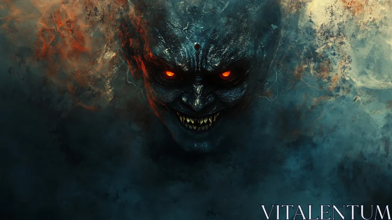 Digital painting of demonic visage in infernal mist field.