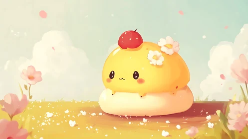 Adorable Chubby Character Surrounded by Blossoms and Butterflies