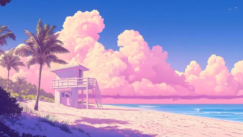 Digitally rendered coastal lifeguard station with volumetric cloud formations and chromatic sky grad
