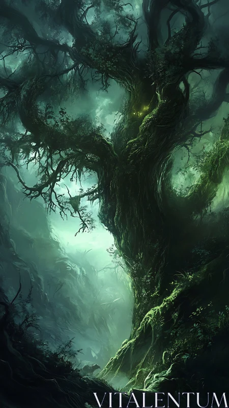 Massive twisted tree form in misted green forest ravine.