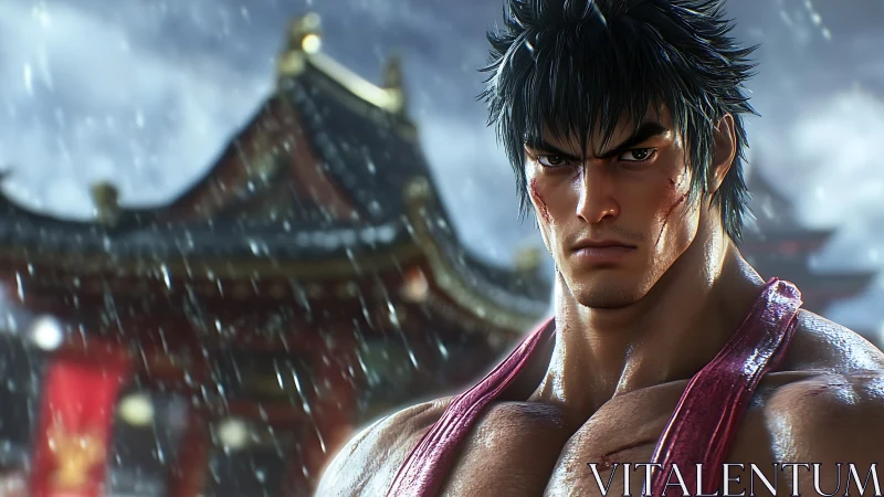 Battle hardened martial artist stands in rain soaked temple courtyard
