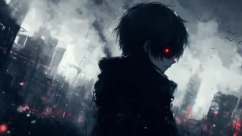 Dark figure with red eyes before distant damaged cityscape.