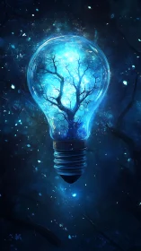 Digital painting of luminous tree enclosed in glass bulb.
